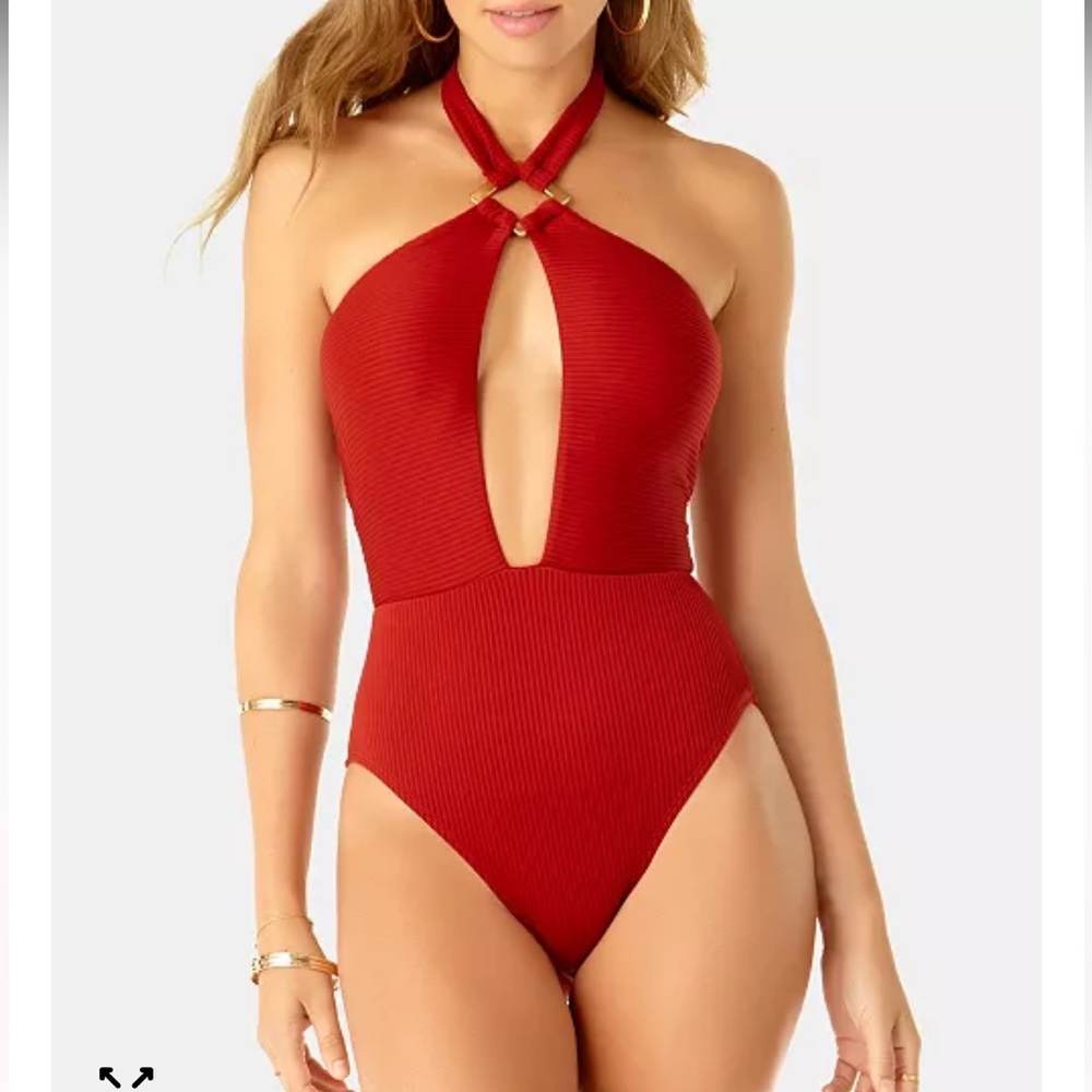 🍷ANNE COLE Studio Oh My Goddess One Piece Red Gold Halter Swimsuit - Picture 1 of 9